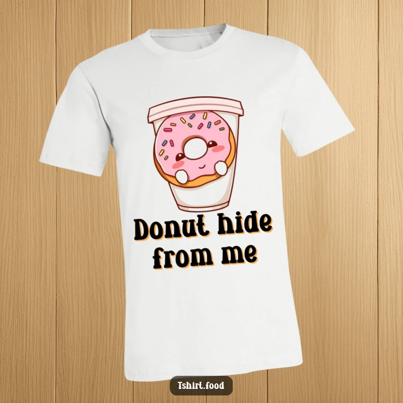 Funny shy donut t-shirt featuring a blushing donut with sprinkles hiding behind a coffee cup, showcasing sweet introversion.