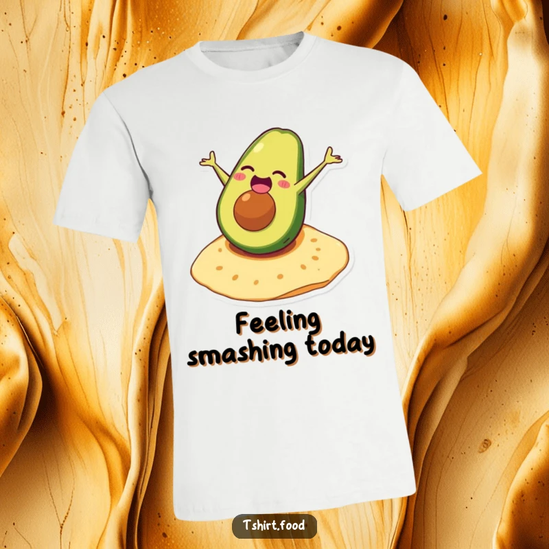 Funny avocado t-shirt depicting a laughing character performing a somersault on a tortilla with vibrant, playful energy.