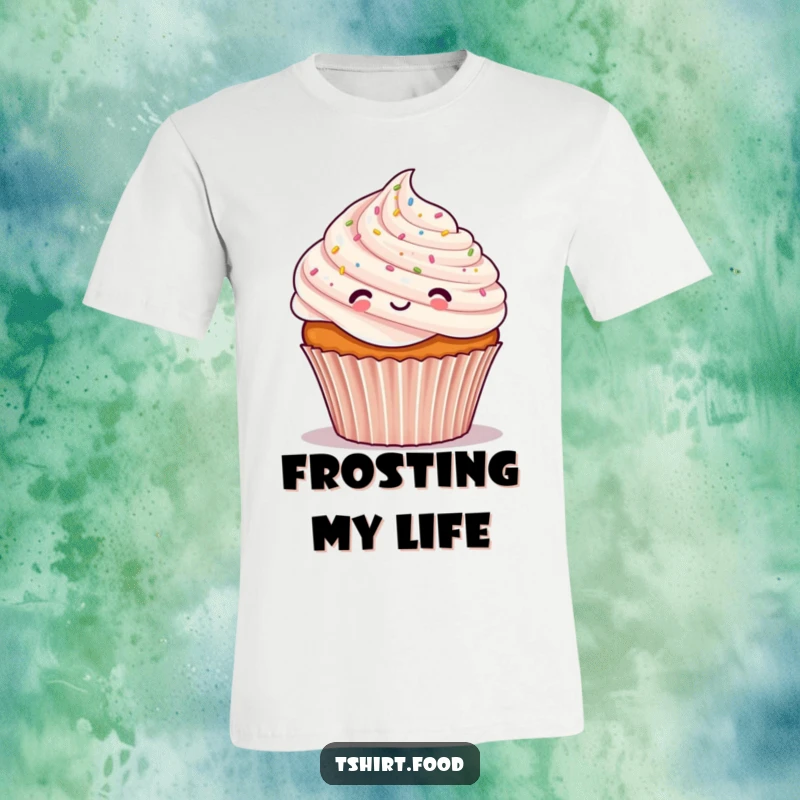 Funny t-shirt depicting a joyful cupcake character adorned with small confetti, radiating a cheerful and festive vibe.