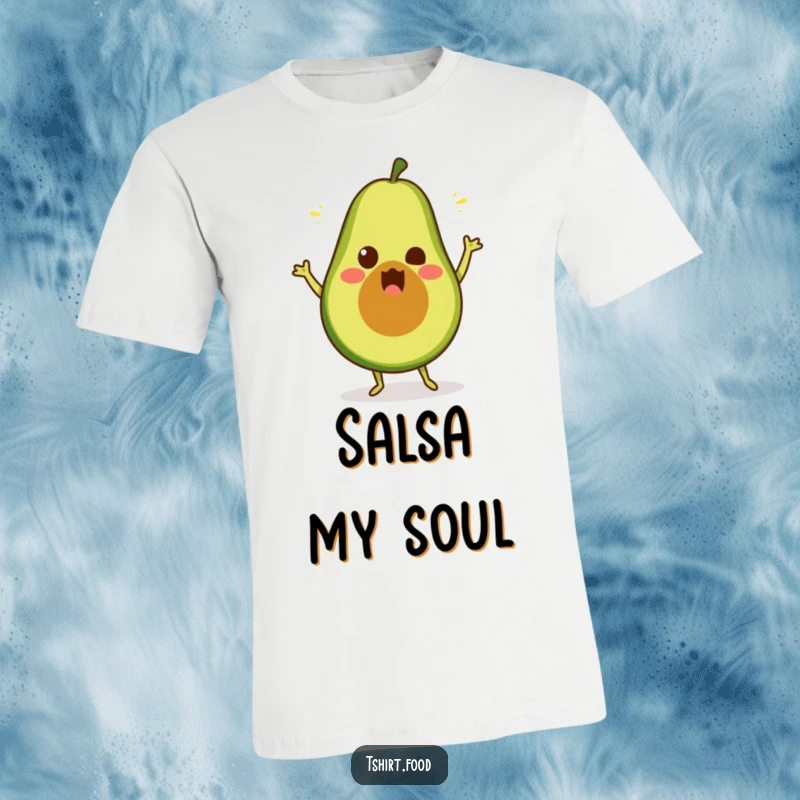 Funny avocado dance t-shirt featuring a surprised fruit in a silly pose, ideal funny gift.