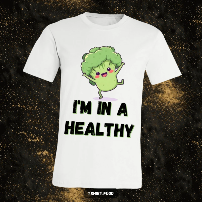 Funny broccoli t-shirt depicting a playful floret doing a cartwheel with a smile, full of active, green energy.