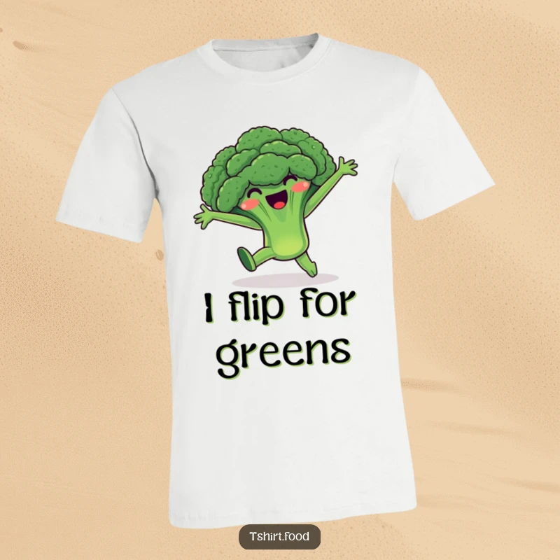 Funny Broccoli T-Shirt: A beaming broccoli character executes a cartwheel with open arms, radiating pure, uninhibited joy and healthy energy.