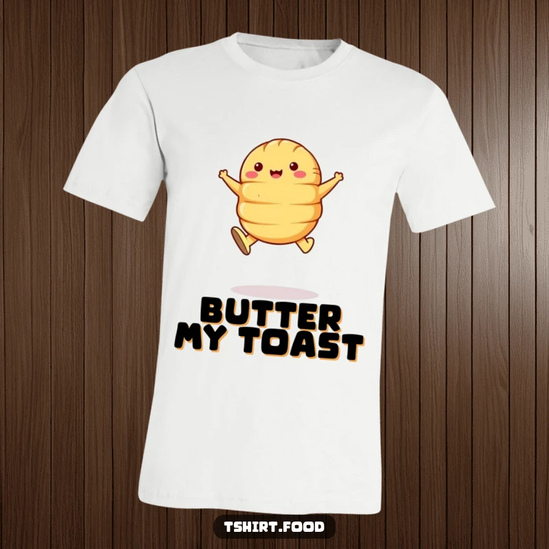Funny Croissant Leap T-Shirt: A happy croissant with butter-striped shoes performs an energetic leap, full of breakfast cheer.