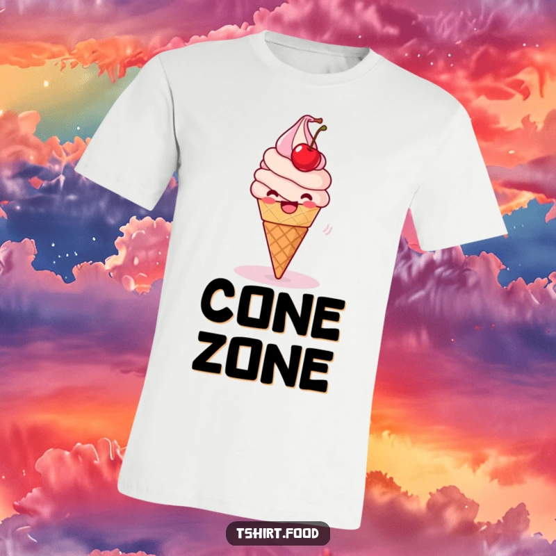 Funny T-Shirt: A delighted ice cream cone spins playfully, its cherry wobbling, embodying sweet dessert fun.