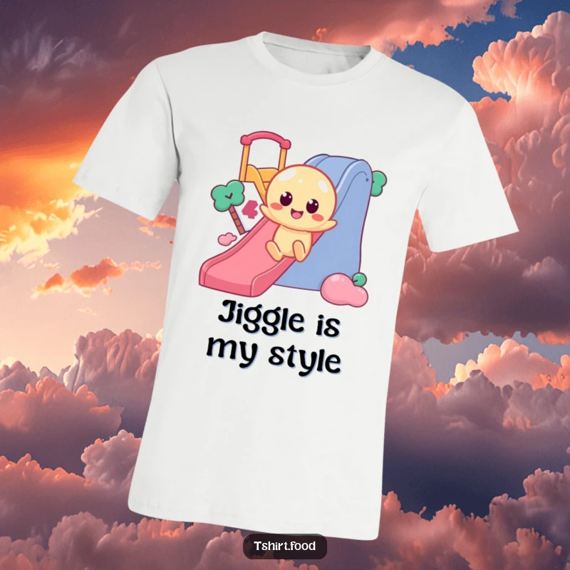 Funny Jelly Slide T-Shirt featuring a wobbly jelly character with round eyes, gleefully sliding down a slide, great for casual wear.