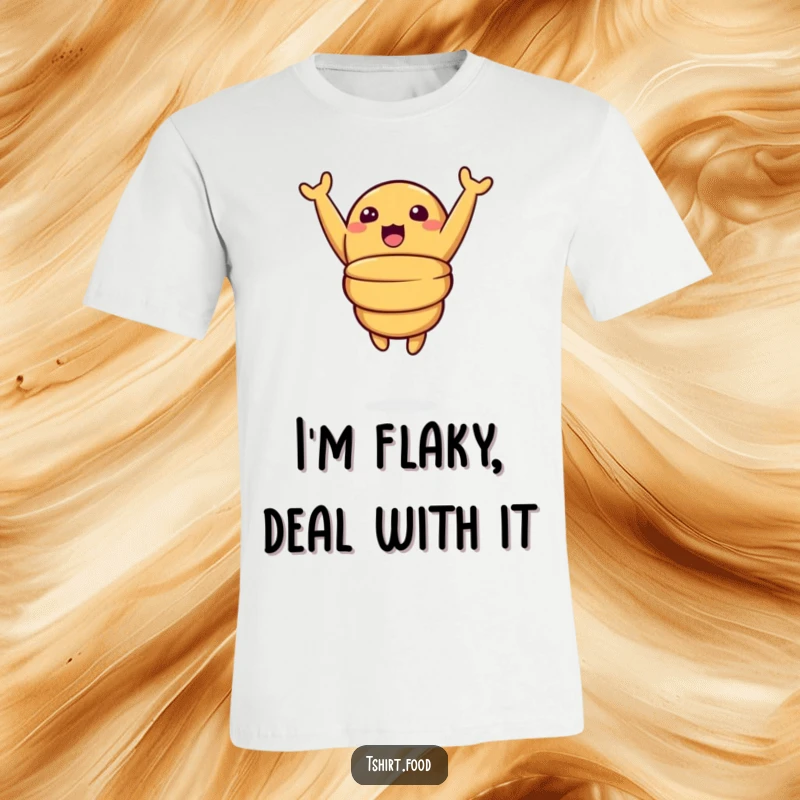 Funny t-shirt showcasing a surprised croissant character dramatically leaping mid-air with arms up, a hilarious expression of pure, buttery excitement.