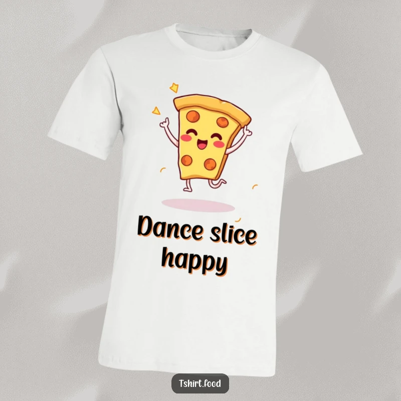 Funny t-shirt design of a cheesy pizza slice character performing an energetic celebratory dance with its small legs, full of cheesy enthusiasm.