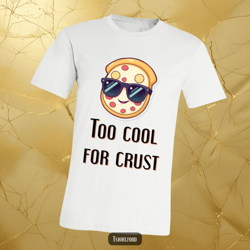 Funny pizza t-shirt with a happy slice wearing sunglasses, ideal funny gift.