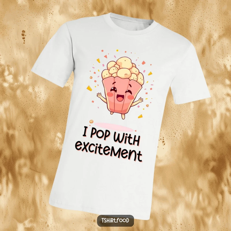 Funny Popcorn T-Shirt: A delighted popcorn kernel bursts outwards with confetti and joy, embodying pure celebratory fun.