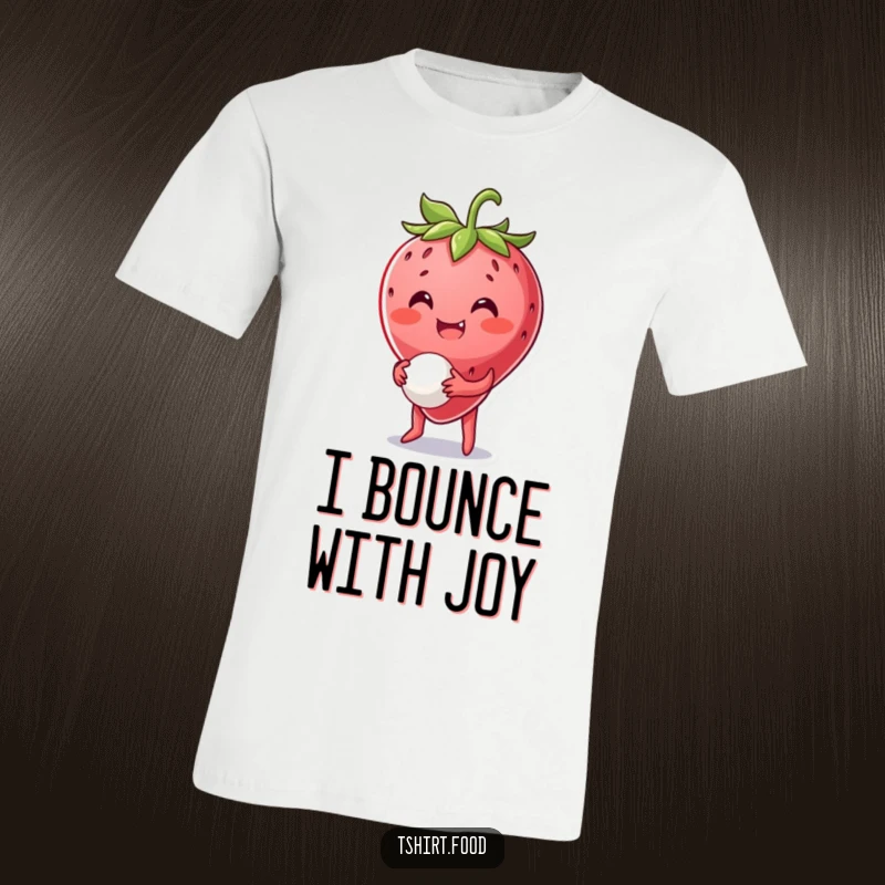 Funny Strawberry T-Shirt: A beaming strawberry character joyfully bounces a tiny ball, showcasing playful energy and fruity charm.