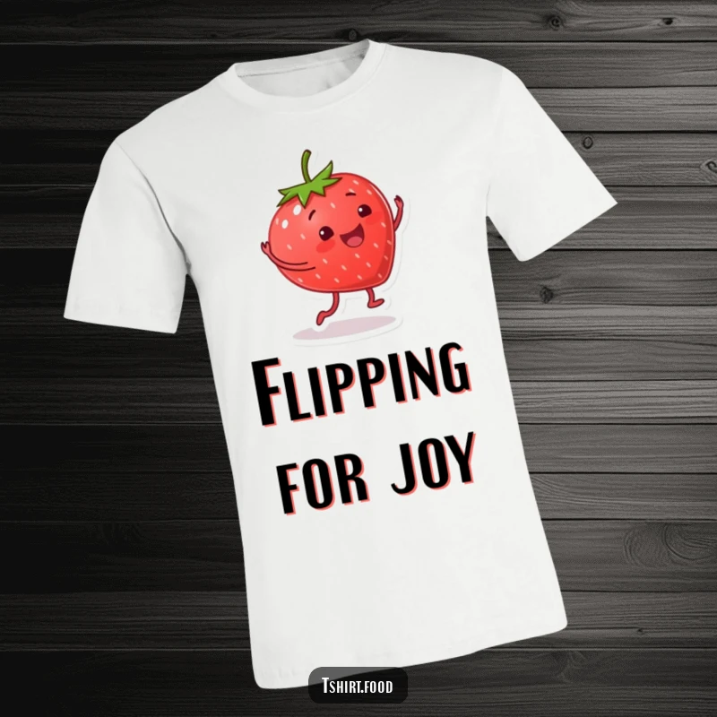 Funny t-shirt featuring a smiling strawberry character with little legs happily doing a cartwheel, radiating pure joy and playful energy.