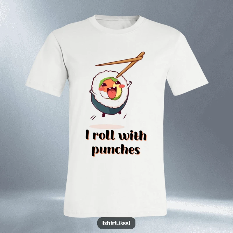 Funny Sushi Cartwheel T-Shirt depicting an energetic sushi roll doing a cartwheel, complete with flying chopsticks, symbolizing playful movement and deliciousness.