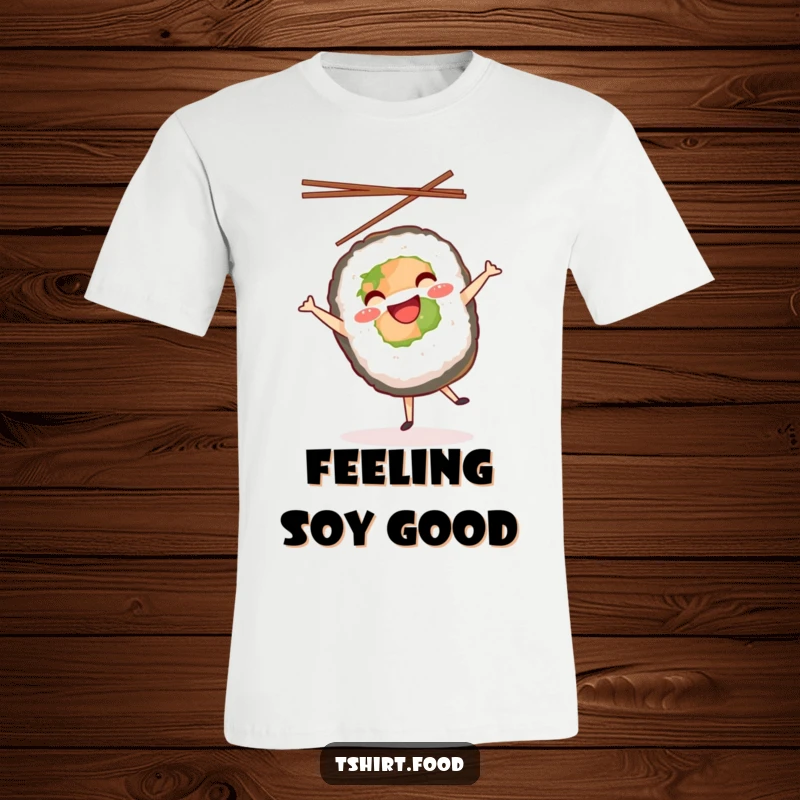 Funny t-shirt depicting a smiling sushi roll joyfully doing a cartwheel with chopsticks held high in the air.