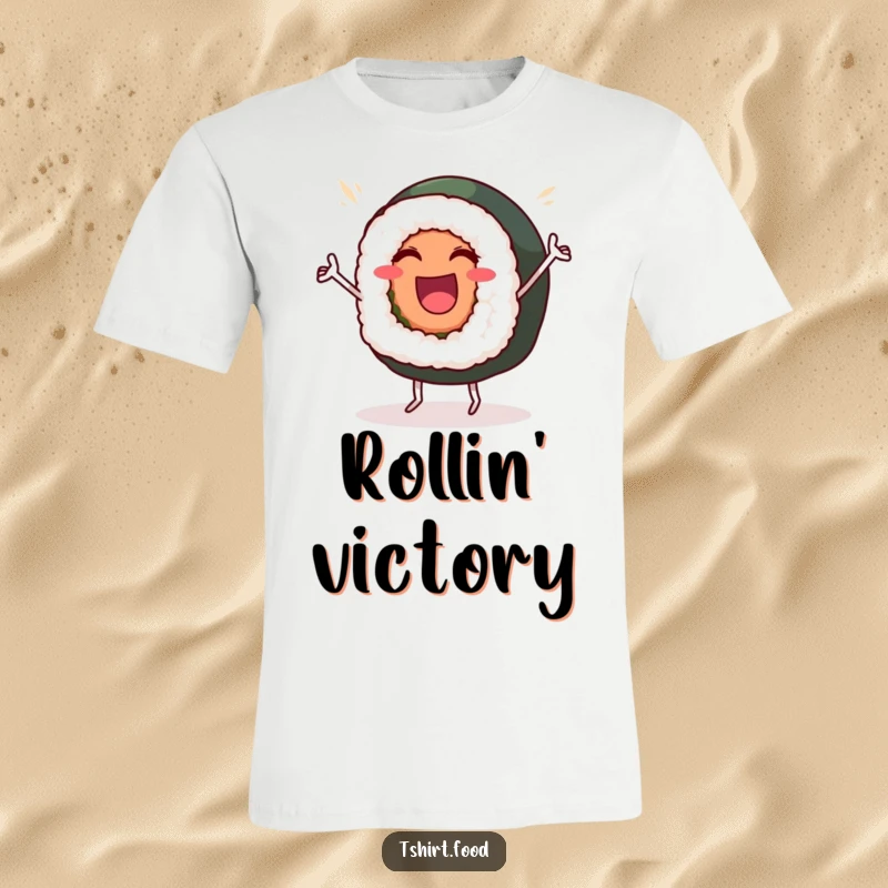Funny T-Shirt: A beaming sushi roll with tiny legs is captured mid-victory dance, radiating pure foodie happiness.