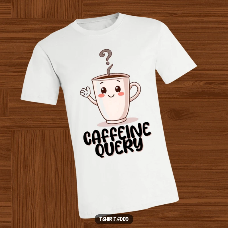 Funny waving coffee cup character t-shirt with steam forming a question mark, symbolizing morning curiosity and a playful vibe.