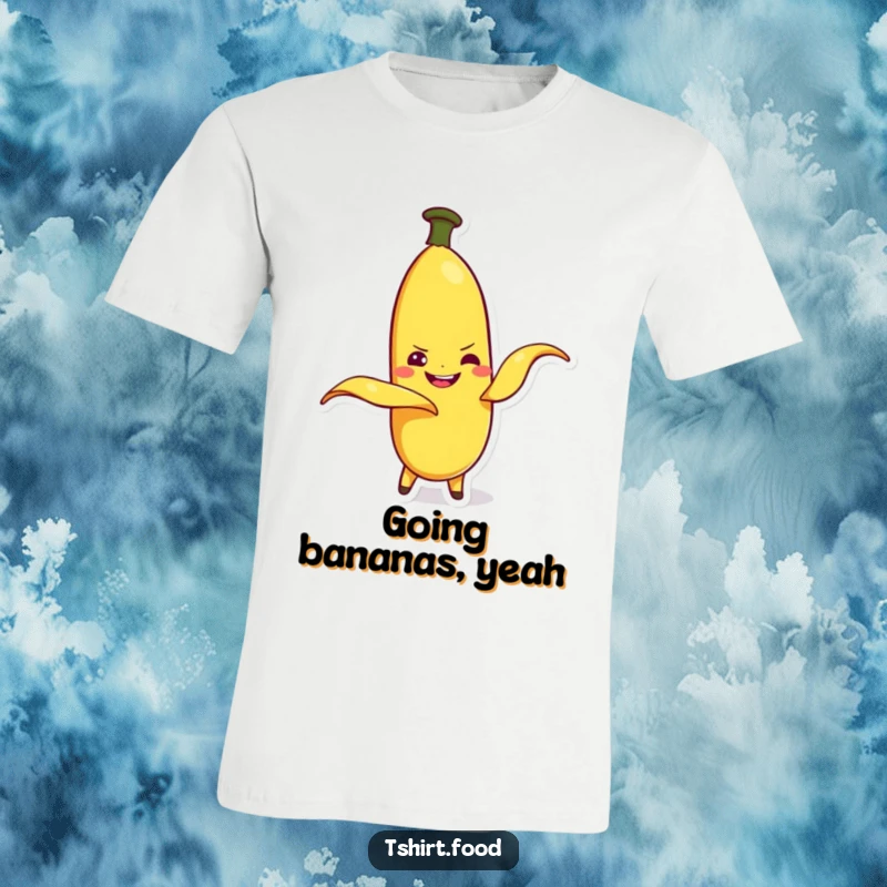 Funny banana character peeling itself with a mischievous grin, on a t-shirt. A wearable joke for fruit lovers.