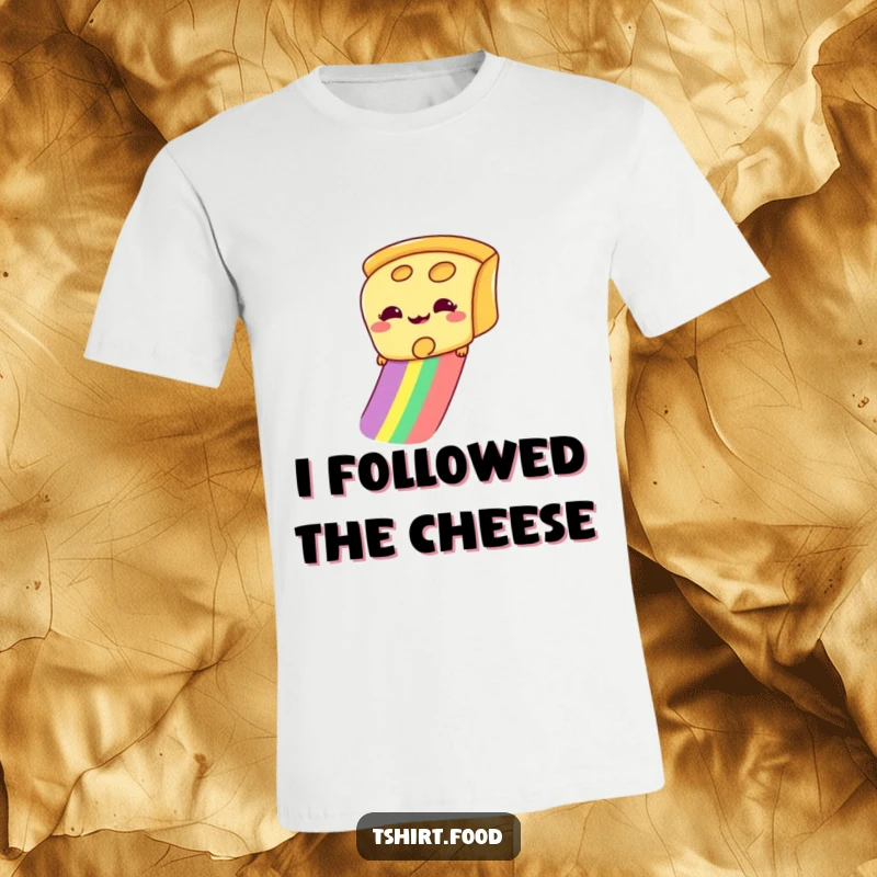 Funny t-shirt graphic of a giddy slice of cheese sliding down a colorful rainbow with pure joy and excitement.