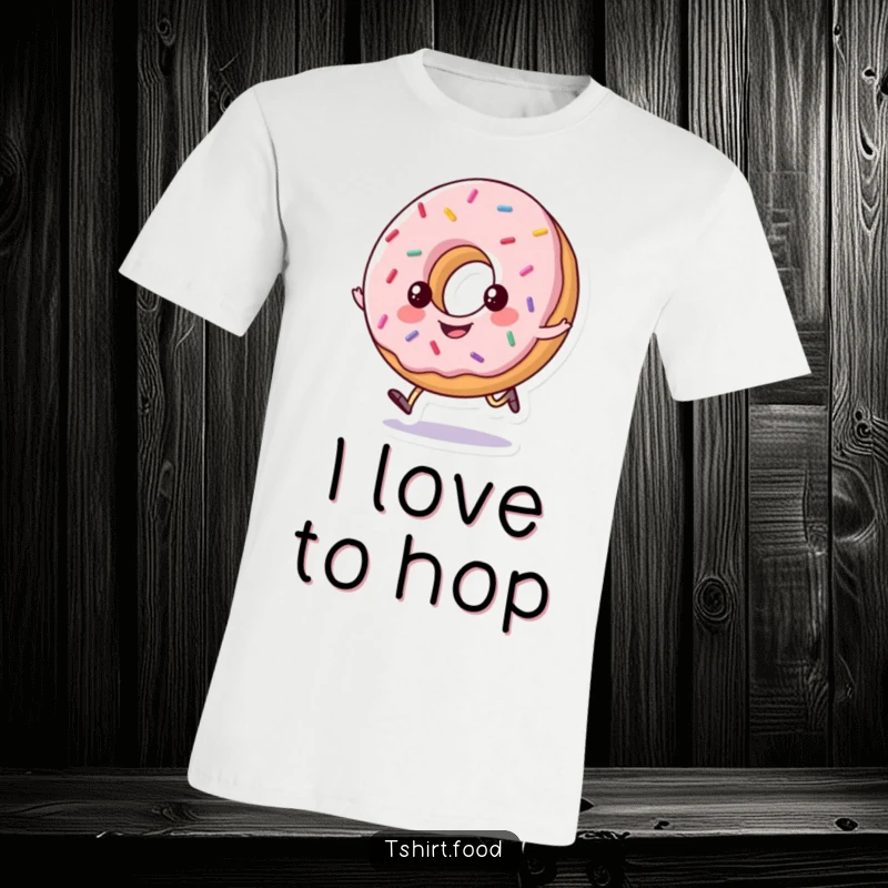 Funny t-shirt depicting a happy, sprinkled donut in mid-hop, radiating cheerful and playful vibes.