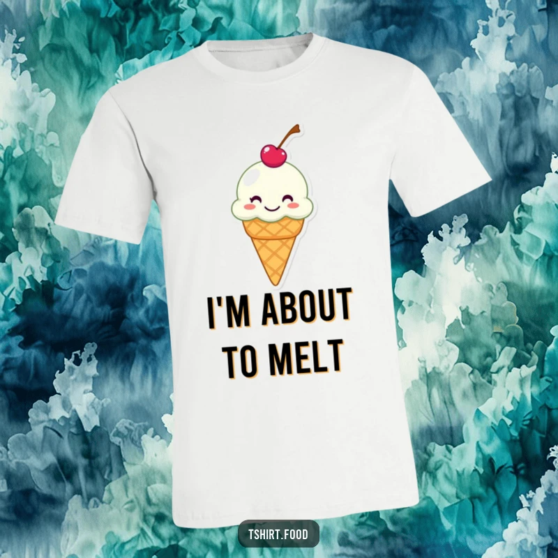 Funny t-shirt depicting a grinning ice cream cone with a cherry on top, humorously sliding, perfect for summer vibes.