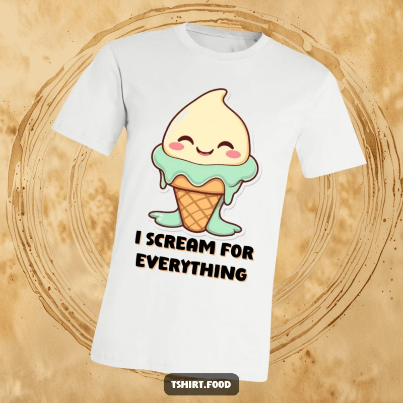 Funny happy ice cream cone character melting slightly with a wide, silly smile, on a t-shirt. Wearable happiness.