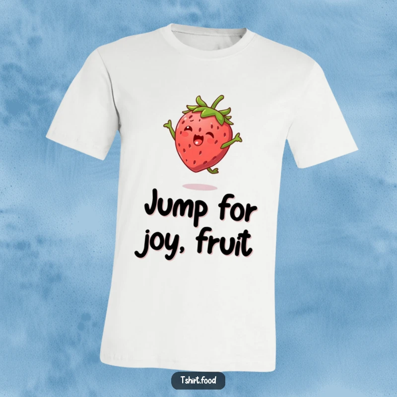 Funny Strawberry Jump T-Shirt featuring a happy strawberry character with tiny leaf arms, caught mid-high jump, great for casual wear.