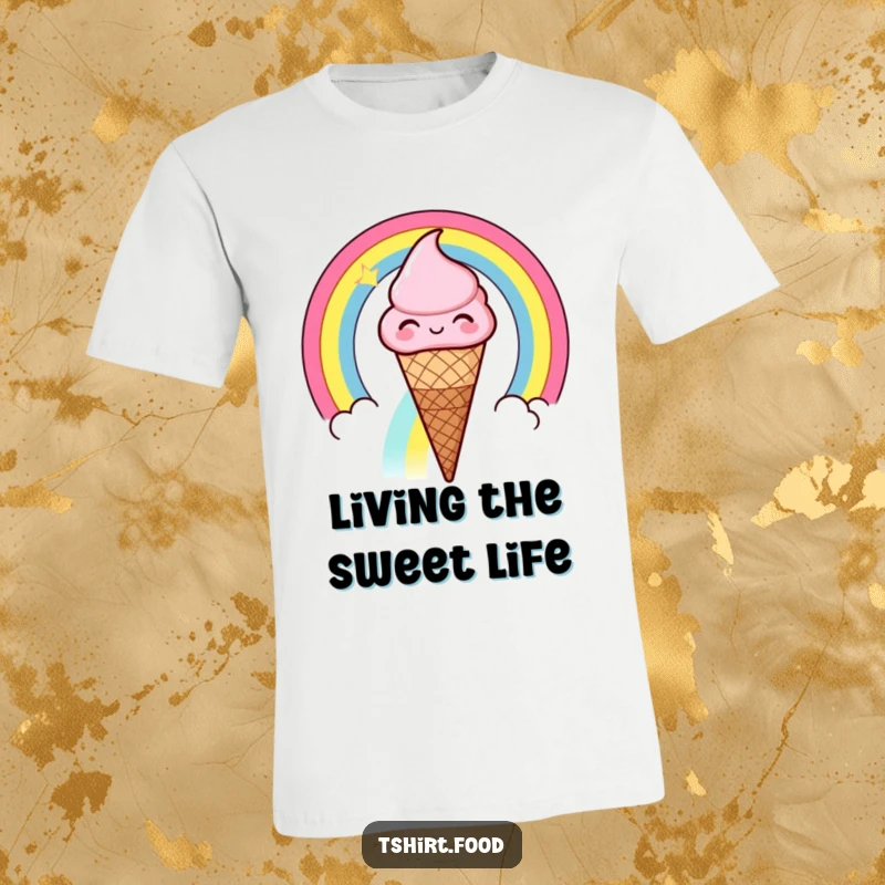 Funny winking ice cream cone sliding down a rainbow t-shirt, a happy ice cream cone with a wink, sliding down a vibrant rainbow.