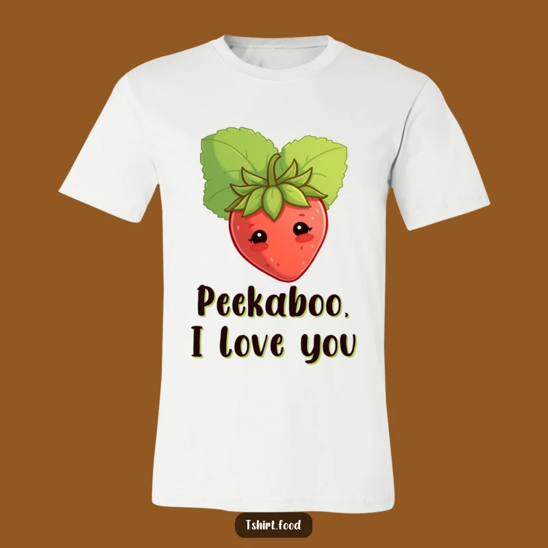 Funny Shy Strawberry T-Shirt Peeking Behind Leaf, Cute Humorous Apparel