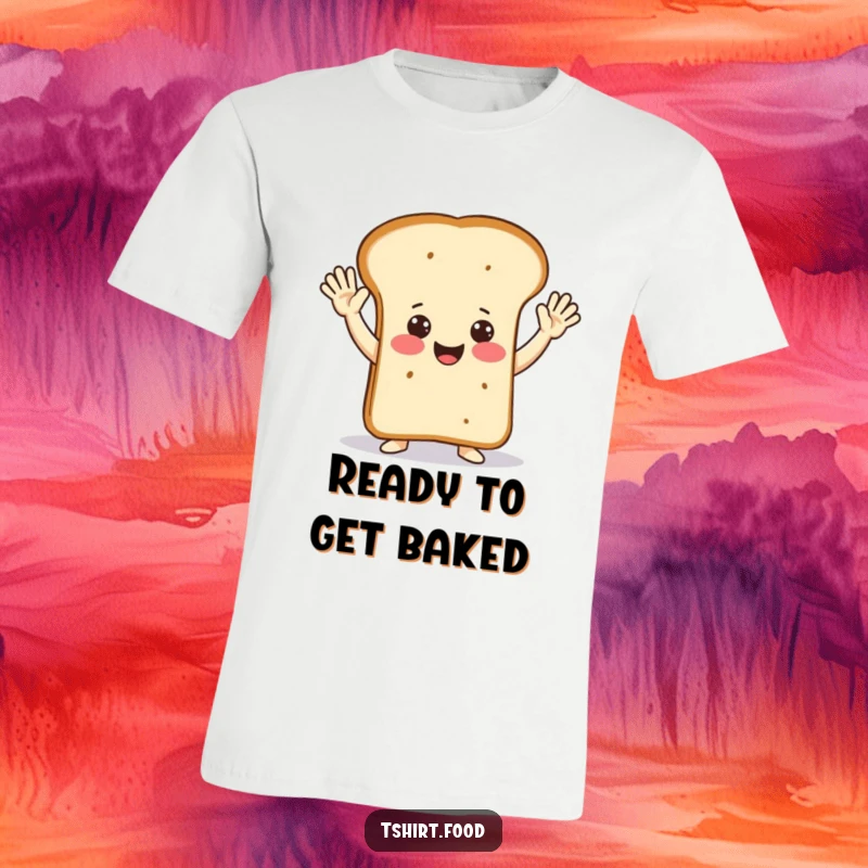 Funny happy loaf of bread striking a vibrant jazz hands pose on a t-shirt, radiating pure happiness.