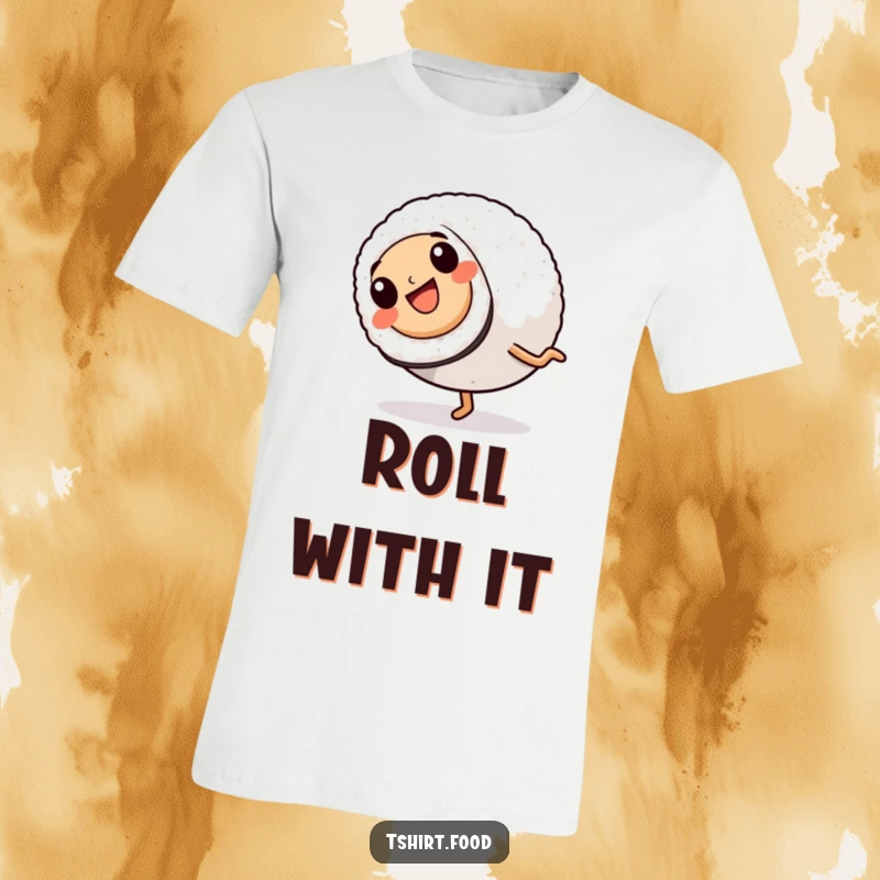 Funny T-Shirt: A cute sushi roll with legs in motion is captured mid-cartwheel, radiating pure, unadulterated joy and energy.