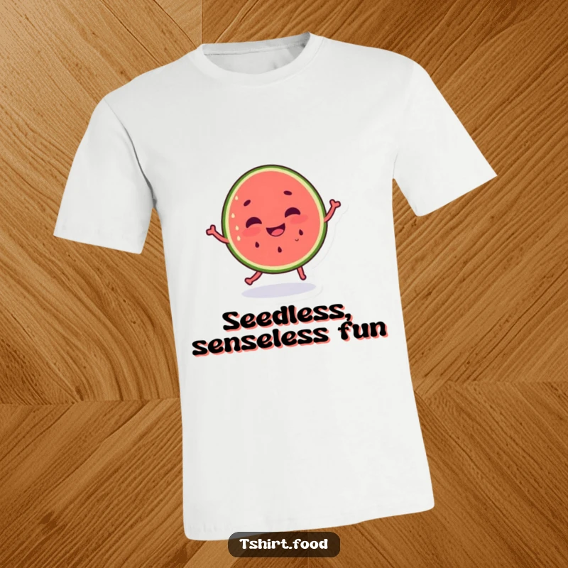 Funny dancing watermelon T-shirt, silly grin on a fruit character, spreading cheer and laughter. Ideal funny gift.
