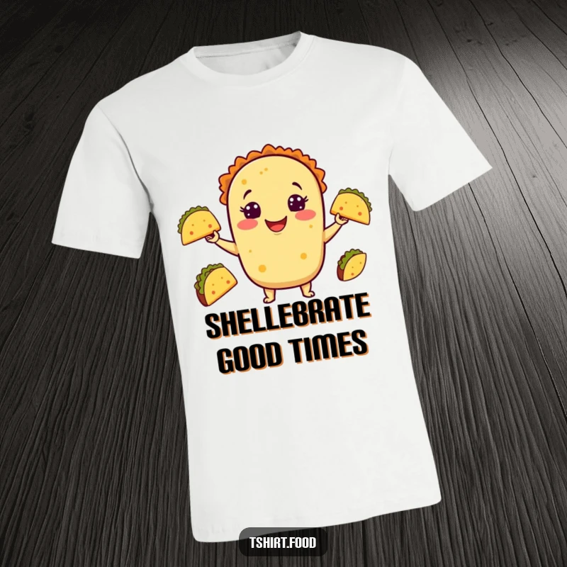 Funny Taco T-Shirt showcasing a happy taco character expertly juggling miniature tacos with a delighted expression, perfect for casual wear.