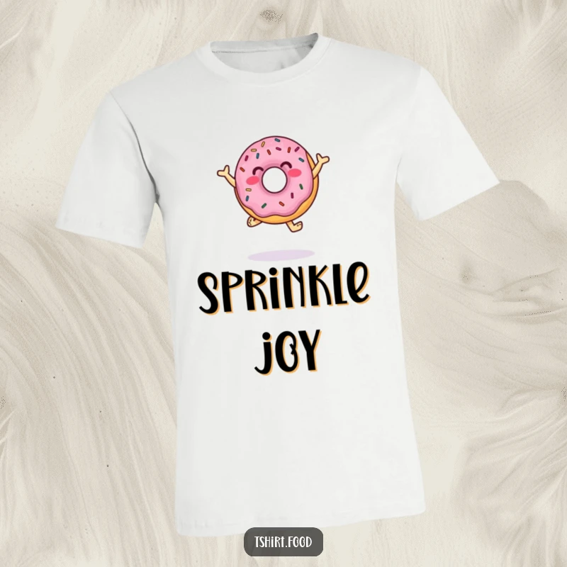 Funny T-Shirt featuring a jumping donut character covered in sprinkles, doing a joyful dance, embodying fun and sweetness.