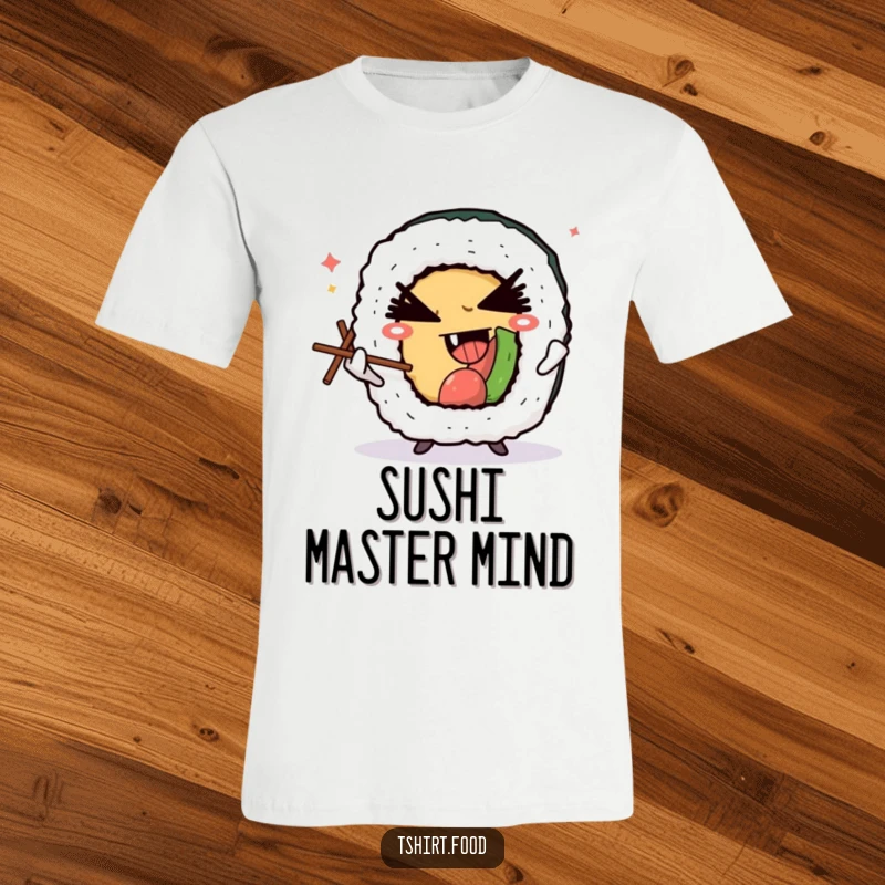Funny t-shirt design of a winking sushi roll character expertly juggling small chopsticks, exuding a playful and devilish charisma.