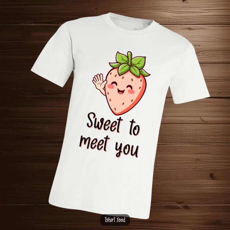 Funny t-shirt showcasing a joyful strawberry character with leafy hair, giving a friendly and humorous wave.