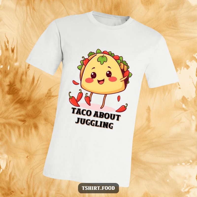 Funny juggling taco t-shirt featuring a smiling taco with legs expertly juggling small red chili peppers, full of festive humor.