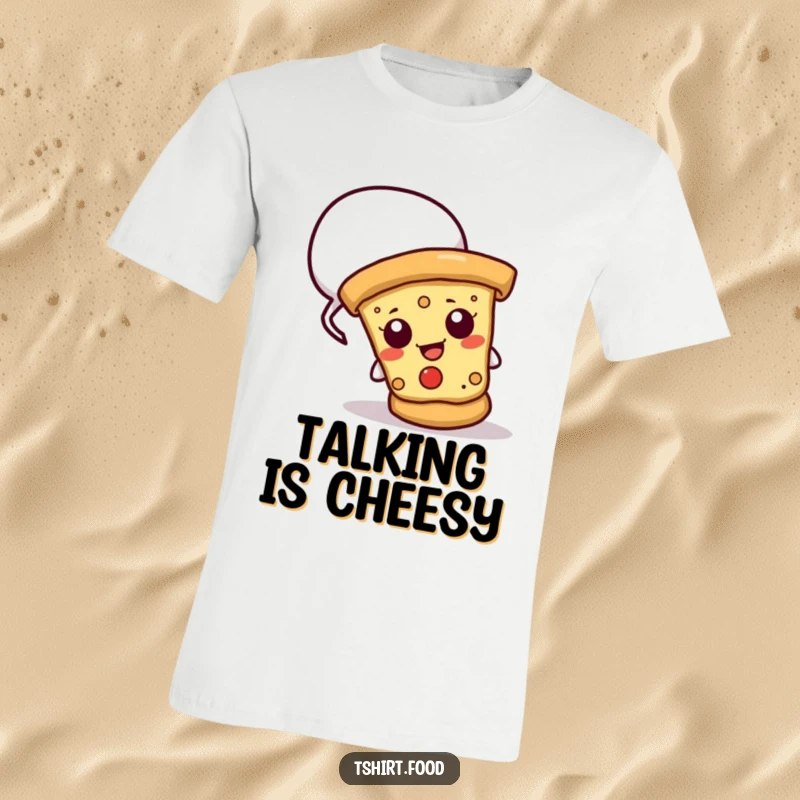 Funny t-shirt with a cheesy pizza slice peeking out of a speech bubble, perfect for expressing humorous thoughts and love for pizza.