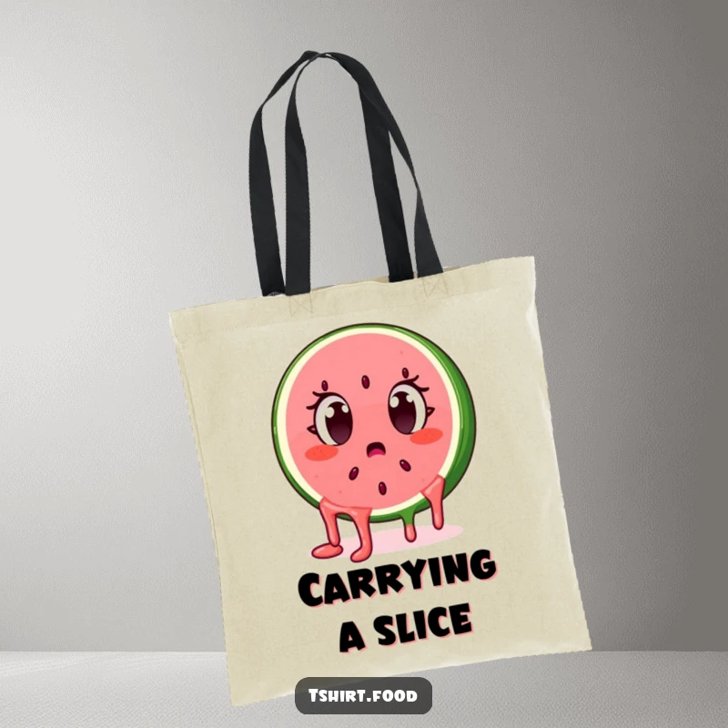 Funny surprised watermelon slice character with dripping seeds, eyes wide, on a tote bag. Practical and humorous.