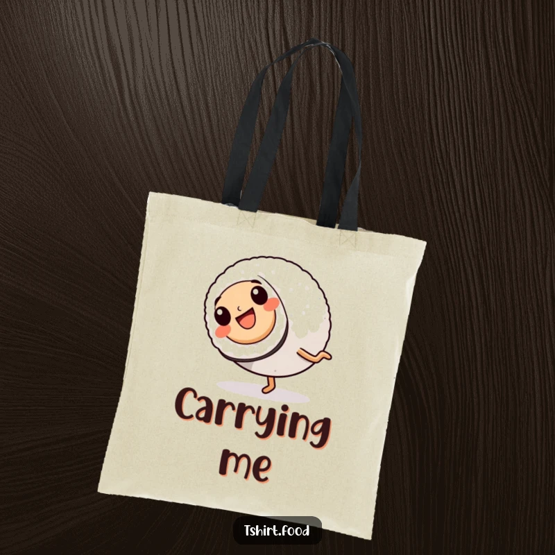 Funny Tote Bag: A sushi roll with legs is depicted mid-cartwheel, showcasing its dynamic movement and cheerful disposition.