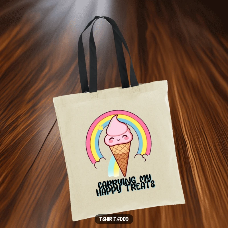Funny winking ice cream cone sliding down a rainbow tote bag, a happy ice cream cone winking while sliding down a vibrant rainbow.