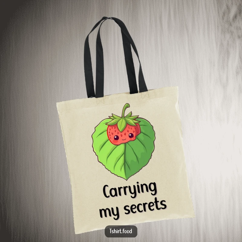 Funny tote bag illustration of a shy strawberry peeking from behind a large leaf, perfect for carrying daily essentials.