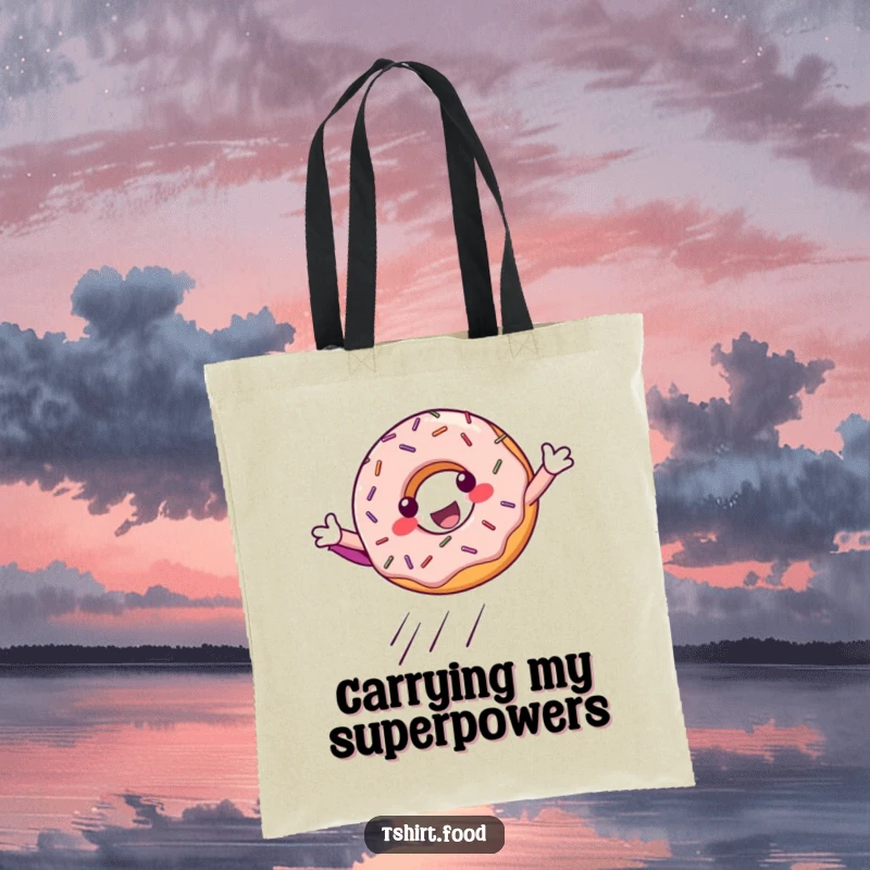 Funny Tote Bag: A cheerful donut with sprinkles striking a powerful superhero landing pose, ready for action.