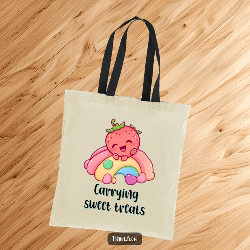 Funny Strawberry Rainbow Tote Bag depicting a giggling strawberry character sliding down a candy rainbow, a sweet and humorous accessory for shopping.