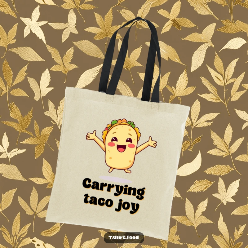 Funny tote bag depicting a smiling taco with arms outstretched jumping for joy, perfect for carrying groceries or daily items with festive flair.