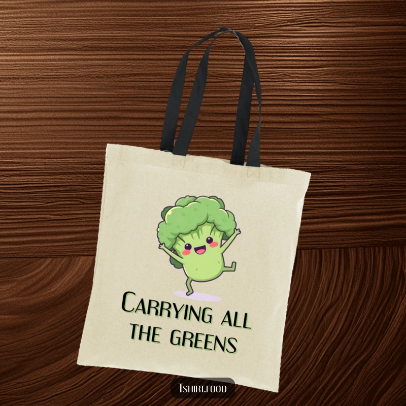 Funny broccoli tote bag showing a playful floret doing a cartwheel, perfect for stylishly carrying groceries or gear.