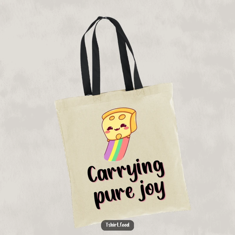 Funny tote bag illustration of a giddy slice of cheese sliding down a rainbow, ready to hold your daily essentials.