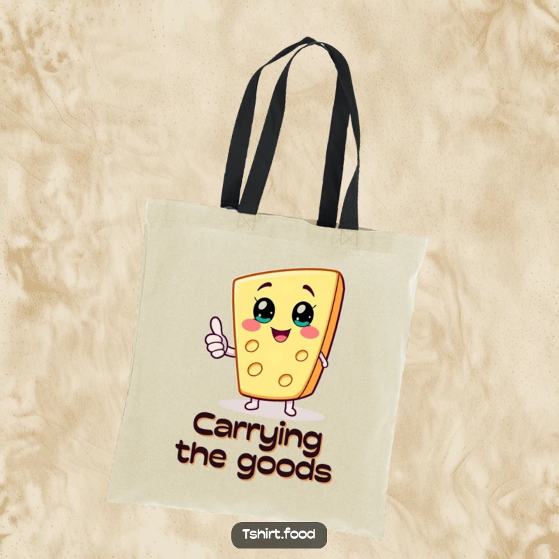 Funny tote bag featuring a delighted cheese wedge character giving a thumbs up with tiny arms, perfect for carrying happiness.