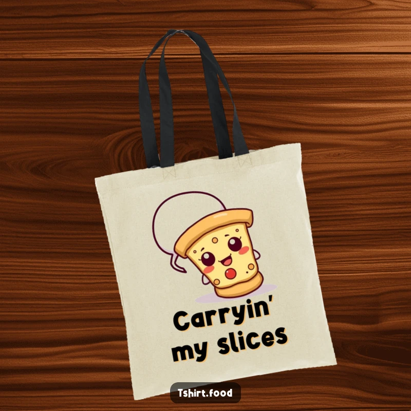 Funny tote bag showcasing a cheesy pizza slice peeking from a speech bubble, great for groceries and humorous everyday use.