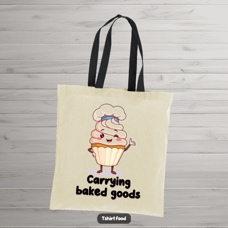 Funny Cupcake Chef Tote Bag depicting a proud cupcake in a chef hat, striking a humorous pose, a stylish and funny accessory for bakers.