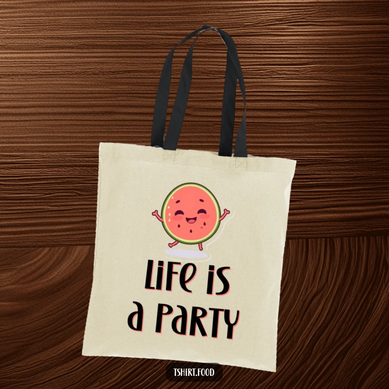 Funny dancing watermelon tote bag, silly grin on a fruit character, perfect for shopping and humor. Great funny gift.