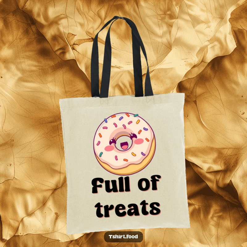 Funny Tote Bag: A smiling donut with vibrant sprinkles is depicted mid-bounce, radiating pure, energetic joy.
